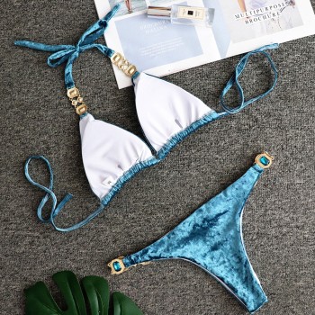 Sexy Crystal Diamond Velvet Bikini 2019 Women Halter Bandeau Swimsuit Female Brazilian Swimwear Thong Bikini set Bathing Suit
